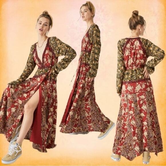 Free People Tilda Maxi Wrap Dress Neutral Combo Large Western Bohemian NWT - Picture 14 of 15